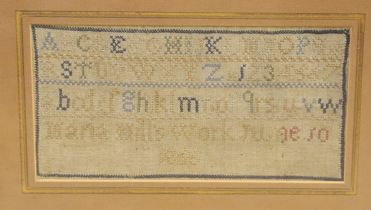 A 19th century cross stitch alphabet sampler, lower panel, depicting a house birds and trees, together with a later sampler-, 19th century sampler 33cms square.